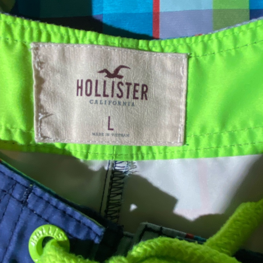Hollister Boardshorts Swim Trunks Men's Size Large Blue Neon Green Plaid Unlined - Picture 10 of 12